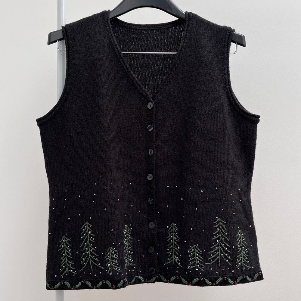 Christmas button front black sweater vest embroidered trees beaded snow winter